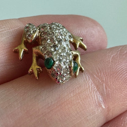 Vtg Crystal Tree Frog with Green Eyes Gold Tone Silver Tone Pin Brooch Tie Tack