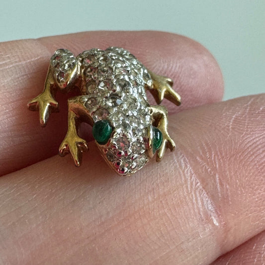 Vtg Crystal Tree Frog with Green Eyes Gold Tone Silver Tone Pin Brooch Tie Tack