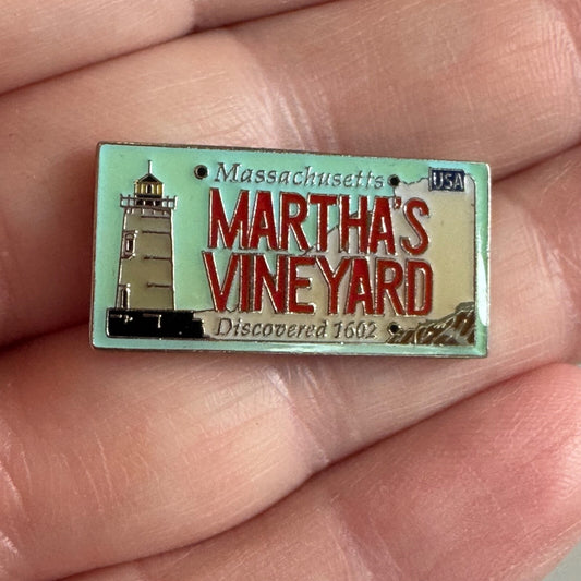 Vintage Marthas Vineyard Lighthouse License Plate Souvenir Lapel Pin