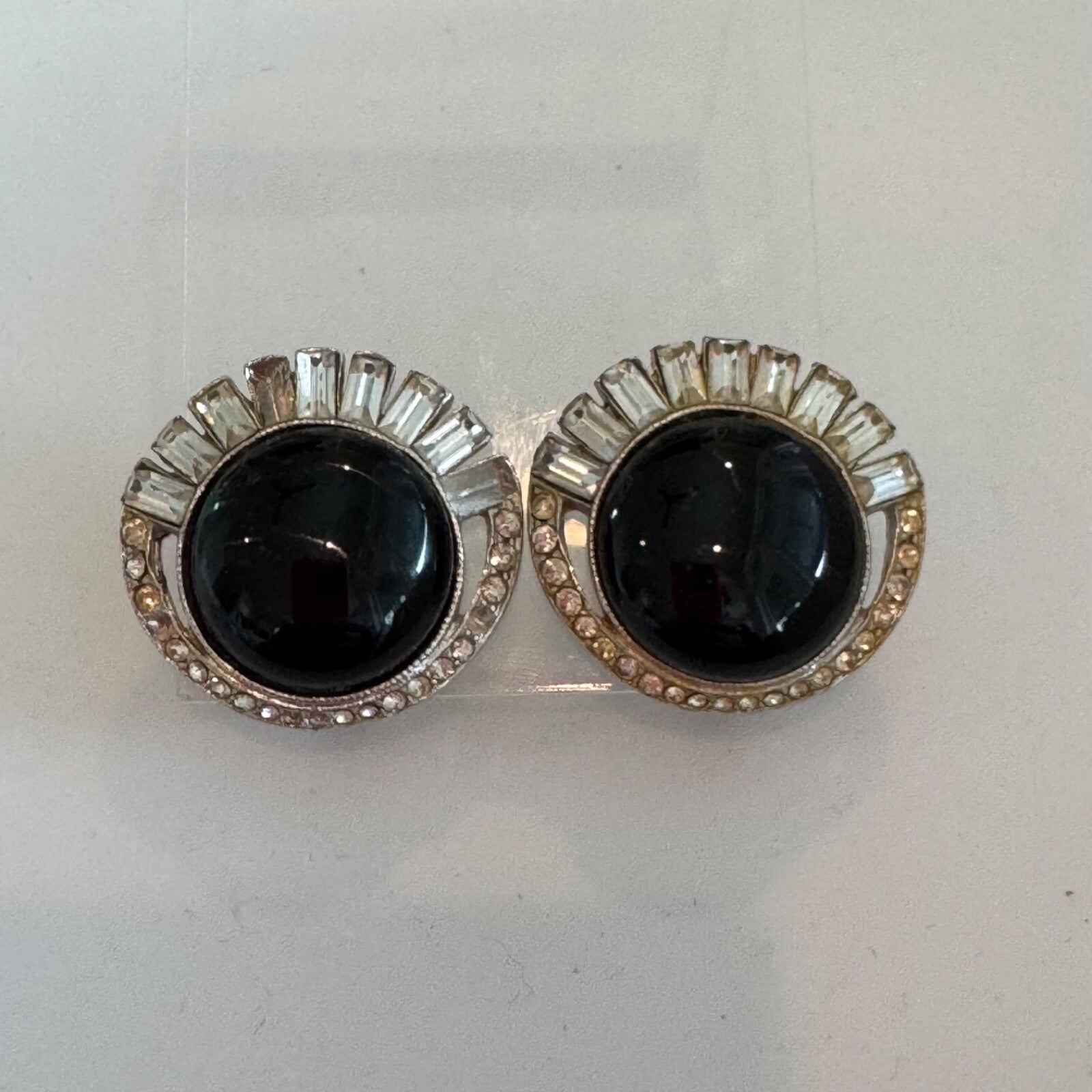 Vintage Bergere Silver Tone Clip On Earrings Black Cabochon AS IS
