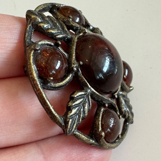 Vintage Dark Amber Colored Cabochon Brooch Pendant Pin Bronze Tone