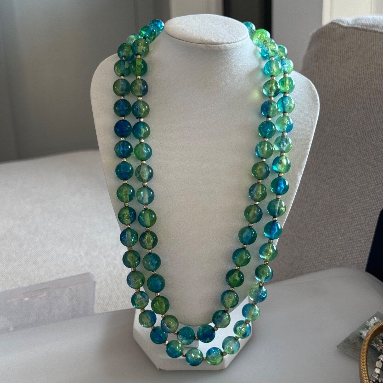 Vintage Hong Kong Two Strand Blue Green Ombre Necklace