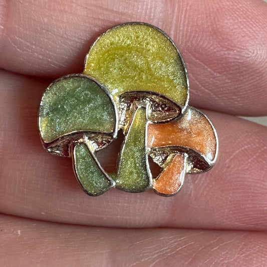Vintage Silver Tone Mushroom Trio Lapel Pin Scatter Glitter Finish