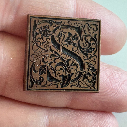 Letter S Monogram Copper Colored Carved Brooch Pin
