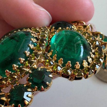 Juliana D&E Green Cabochon Dangle Brooch Gold Tone Heart Scroll