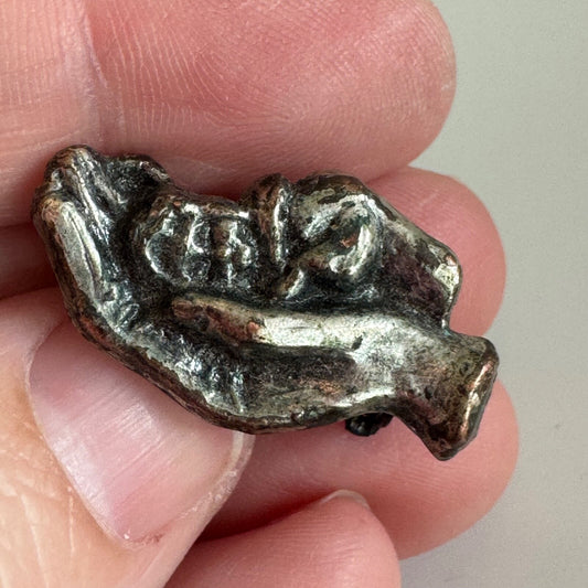 Vintage Hand of God Cradling Baby Brooch Pin Pewter Look