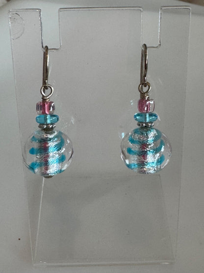 Dichroic Glass Pink Blue Clear Pierced Dangle Earrings