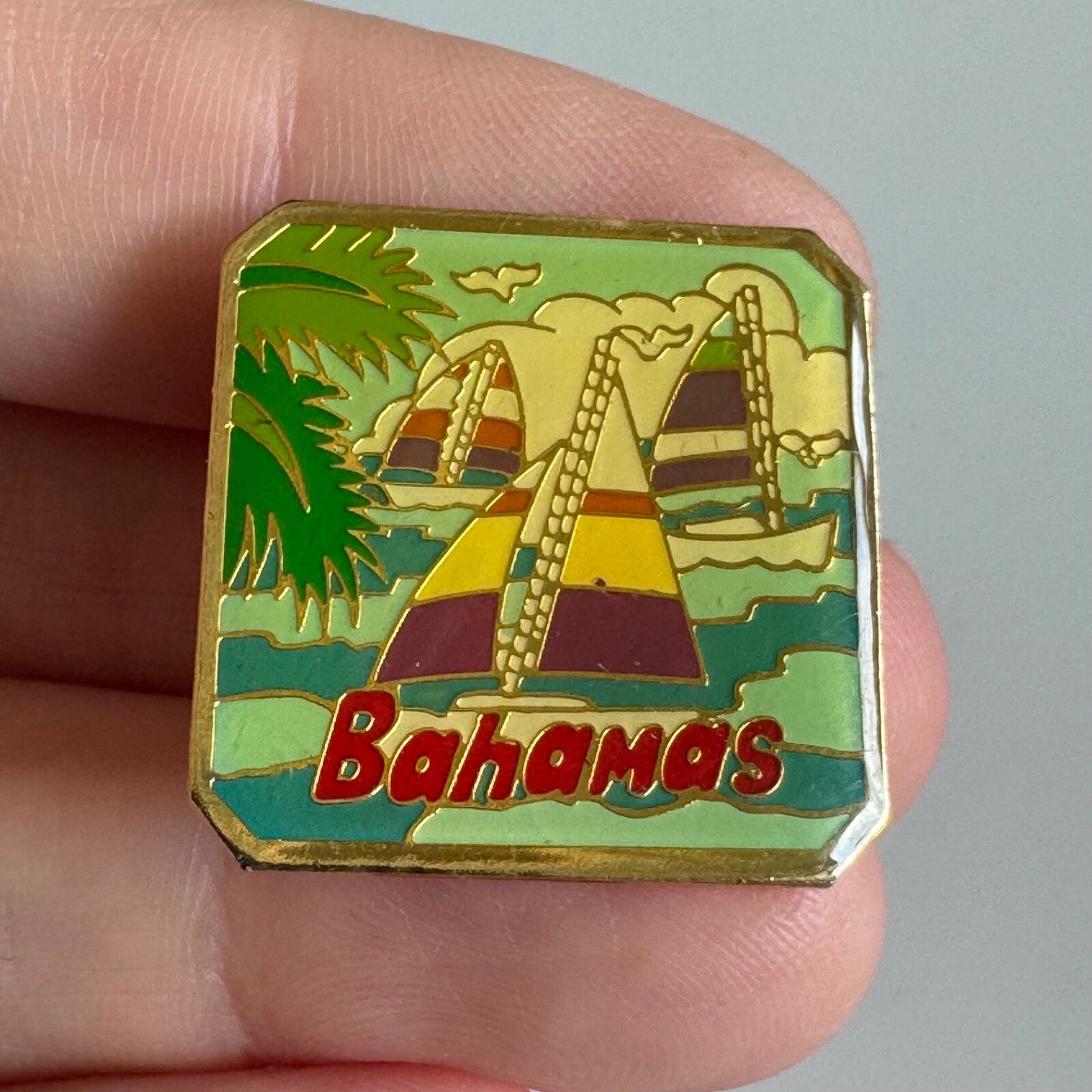 Bahamas Sailboats Enamel Pin – Colorful Tropical Ocean Scene