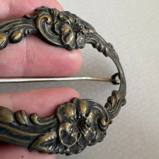 Stunning Antique Art Nouveau Sash Buckle Pin Brooch Flowers