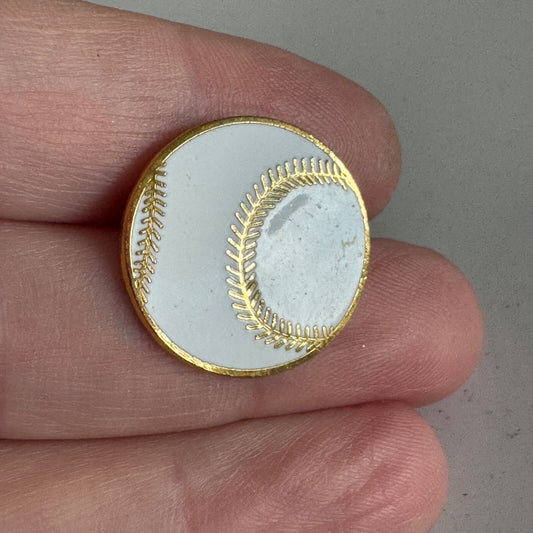 Vintage White Enamel Baseball Pin Gold Stitch Sports Collectible