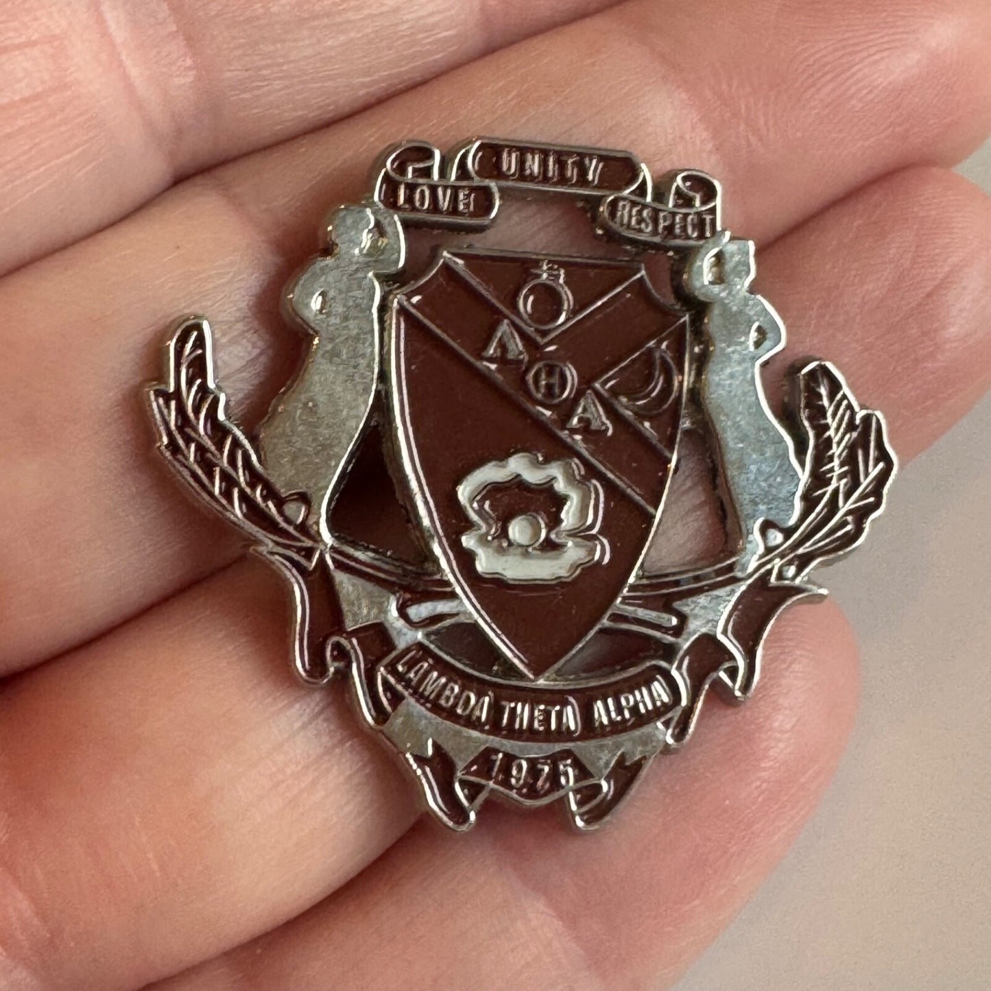 Vintage Lambda Theta Alpha Latin Sorority Coat of Arms Crest Shield Lapel Pin 
