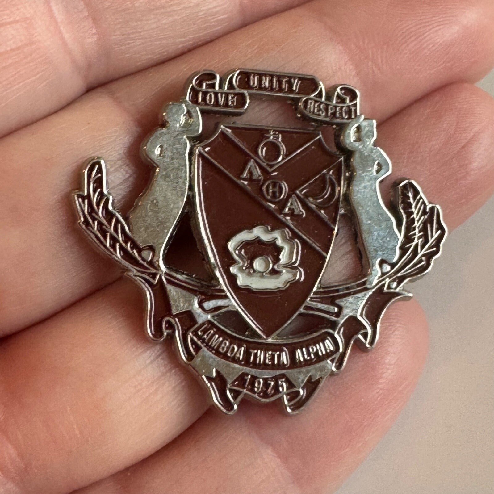Vintage Lambda Theta Alpha Latin Sorority Coat of Arms Crest Shield Lapel Pin 
