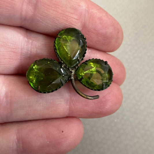 Antique Green Glass Shamrock Brooch St Patrick's Day