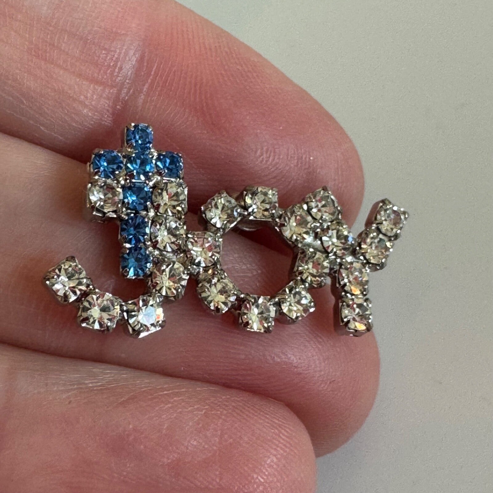 Vintage JOY Rhinestone Brooch Pin with Blue Cross