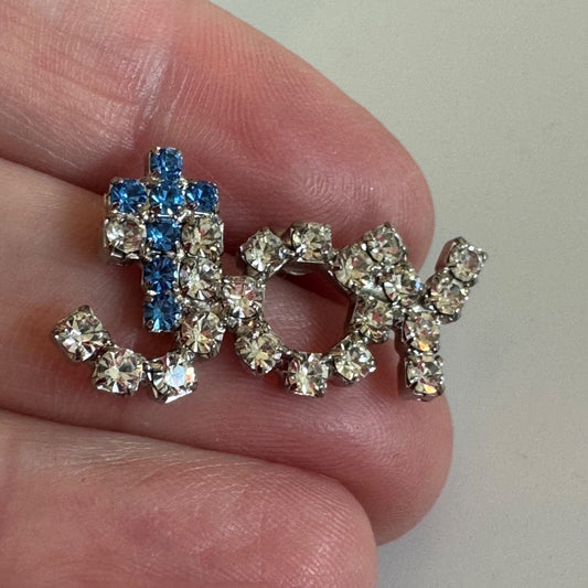 Vintage JOY Rhinestone Brooch Pin with Blue Cross