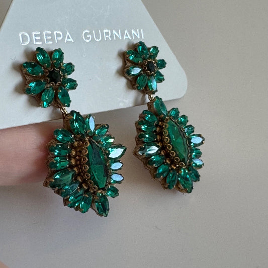 Deepa Gurnani Alianah Crystal Drop Earrings Emerald Color New On Card Pierced
