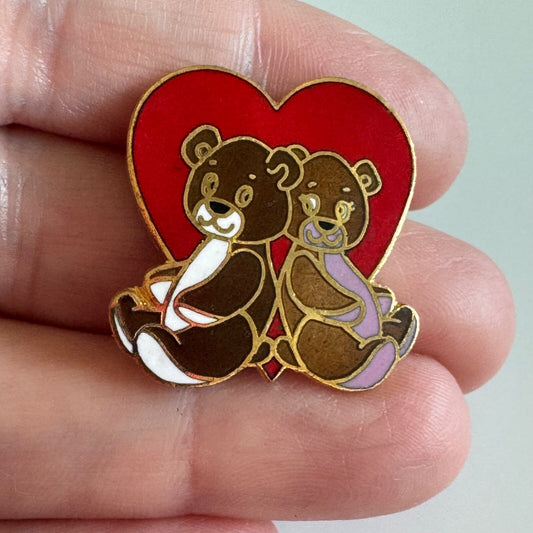 Vintage Teddy Bear Heart Enamel Lapel Pin Brooch