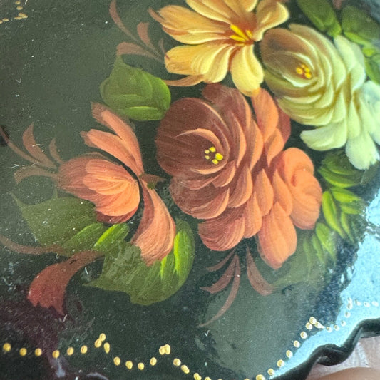 Vintage Signed Hand Painted Russian Lacquer Brooch Beautiful Roses Flowers Pin