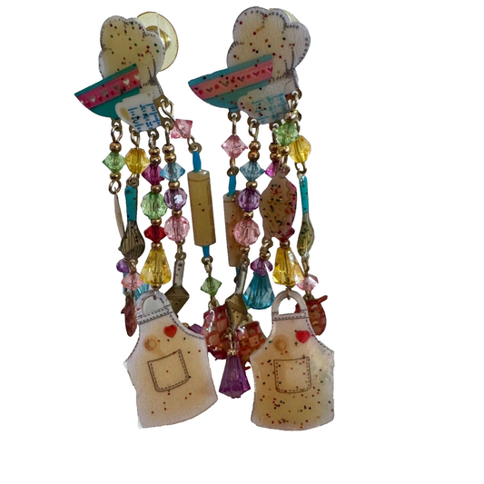 Vintage Watta Baking Themed Dangle Earrings Apron Rolling Pin Whisk Mixing Bowl