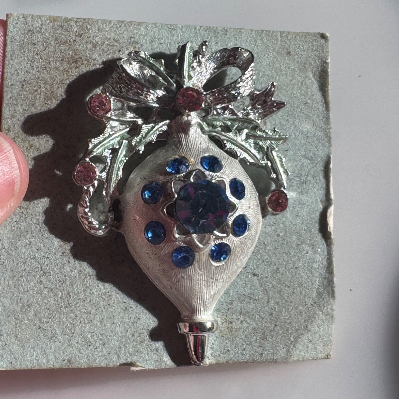 Vintage Christmas Ornament Brooch Silver Tone with Blue and Pink Rhinestones Pin