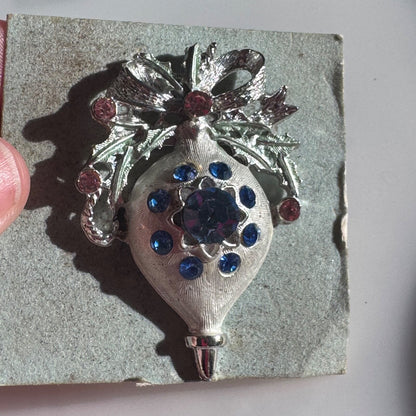 Vintage Christmas Ornament Brooch Silver Tone with Blue and Pink Rhinestones Pin