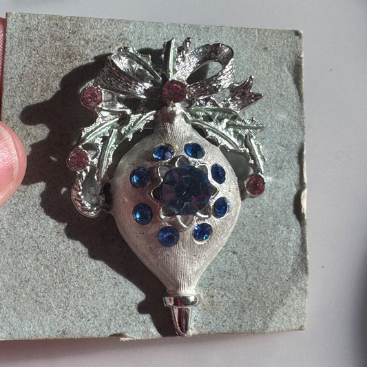 Vintage Christmas Ornament Brooch Silver Tone with Blue and Pink Rhinestones Pin