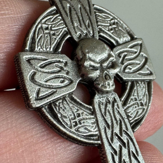 Pewter Celtic Cross with Skull Motorcycle Lapel Pin