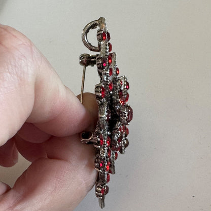 Vintage Look Silver Tone Rhinestone Red Crystal  Bouquet Brooch Pin