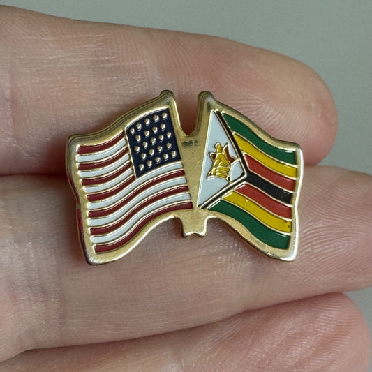 USA & Zimbabwe Friendship Flag Pin Crossed Flags Lapel United States American