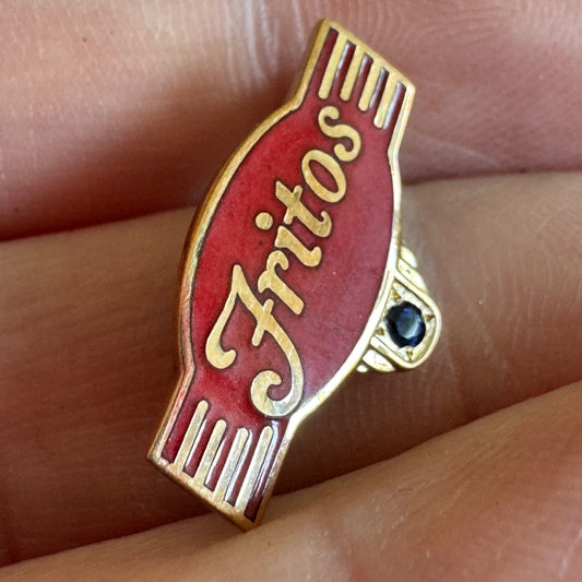 Vintage 10k Gold Fritos Red Enamel Logo Pin with Blue Gem
