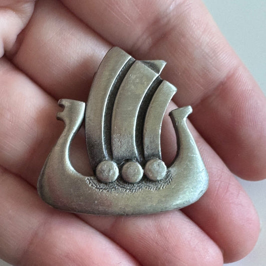 Vintage R. Tennesmed Sweden Viking Ship Pewter Brooch Pin 