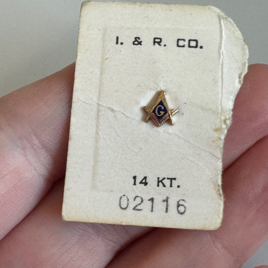 Vintage 14k Gold Mason Masonic Lapel Pin Tie Tack New on Card I. & R. Co.
