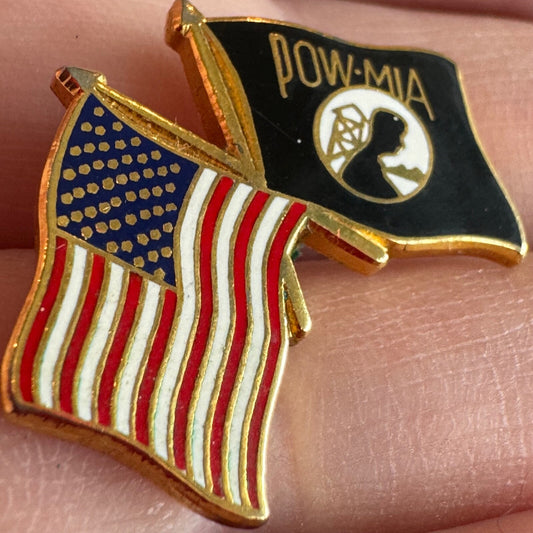 Nice Enamel American Flag and POW MIA Crossed Flags Lapel Pin