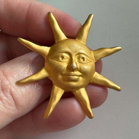 Vintage Matte Gold Smiling Sun Brooch Pin