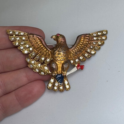 WWII EAGLE PIN SWEETHEART BROOCH ENAMEL RHINESTONE METAL BIRD FIGURAL 