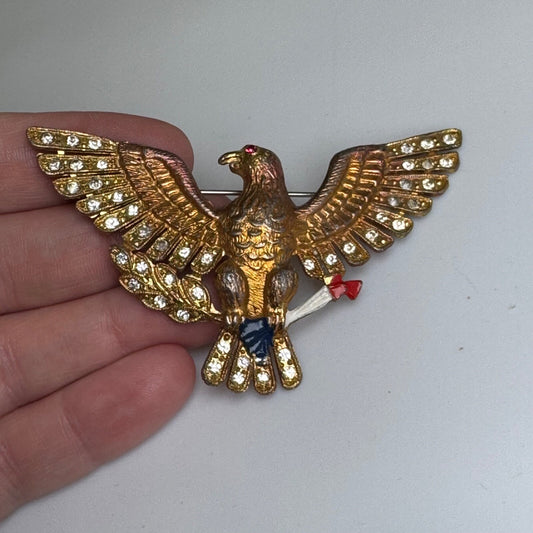 WWII EAGLE PIN SWEETHEART BROOCH ENAMEL RHINESTONE METAL BIRD FIGURAL 