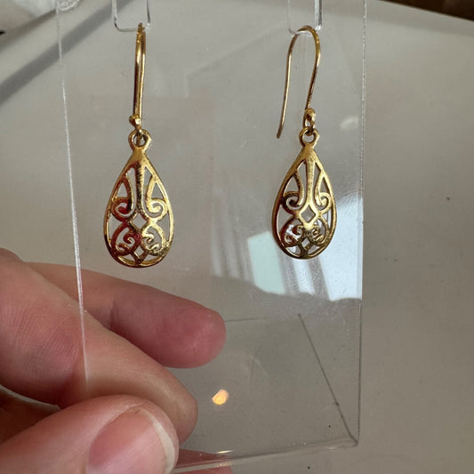 Sterling Silver Filigree Tear Drop Pierced Dangle Earrings Gold Tone 