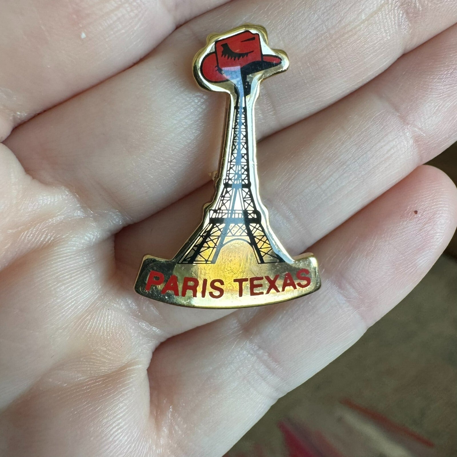 Vintage Paris Texas Eiffel Tower Cowboy Hat Lapel Pin