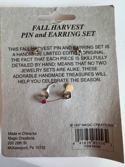 Vintage Fall Harvest Pin and Earrings Set Pumpkin Leaves Magic Creations Brooch