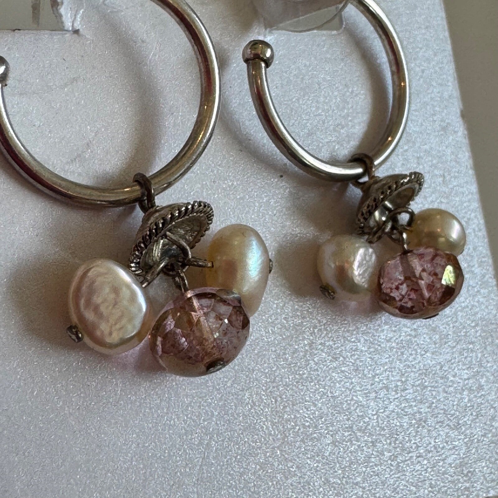 Bauble Bar Silver Hoop Earrings With Pearl Dangle Charms New On Card Pierced