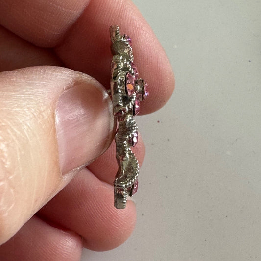 Vintage Silver Tone with Pink Crystal Cross Pin Brooch