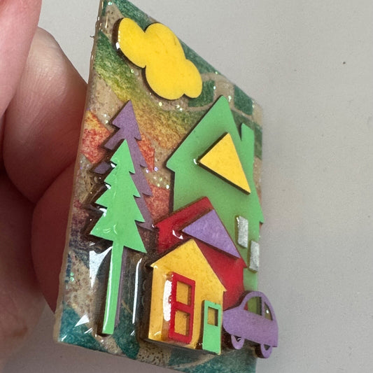 Vintage House Pins by Lucinda Northwest Car Clouds Evergreen Trees Brooch