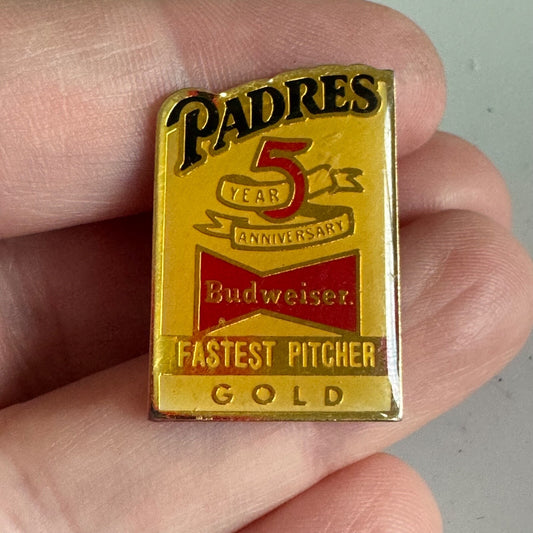 Padres 5 Year Anniversary Budweiser Fastest Pitcher Gold Pin