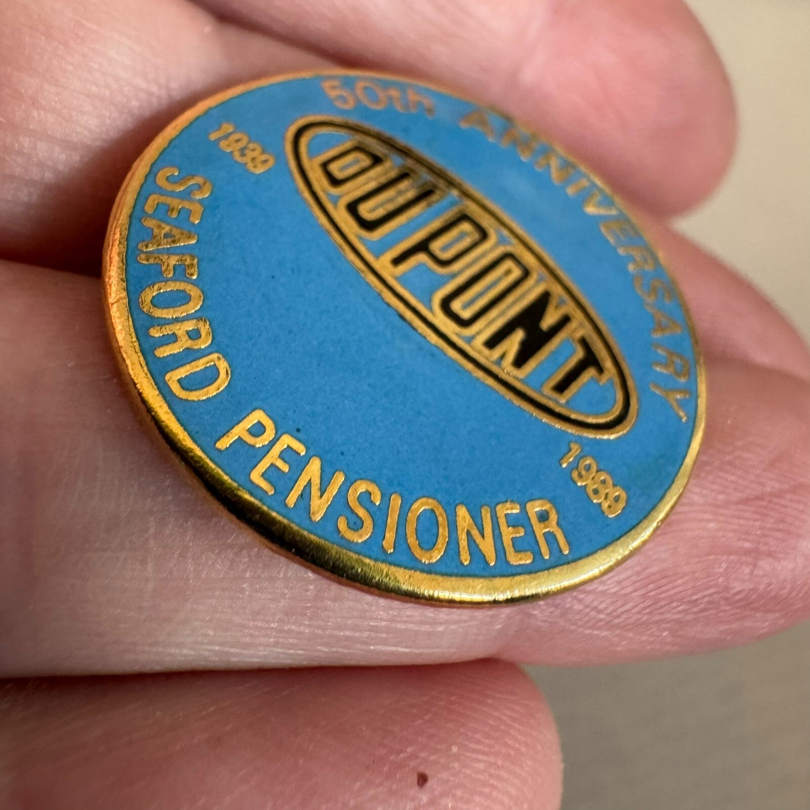 Vintage Dupont 50th Anniversary Seafood Pensioner Enamel Lapel Pin 1989 RARE