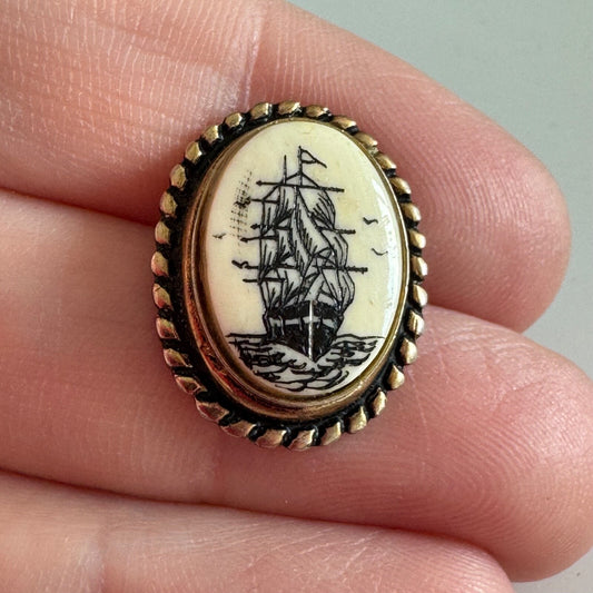 Vintage Nautical Scrimshaw Sailboat Sailing Ship Galleon Tie Tack Lapel Pin