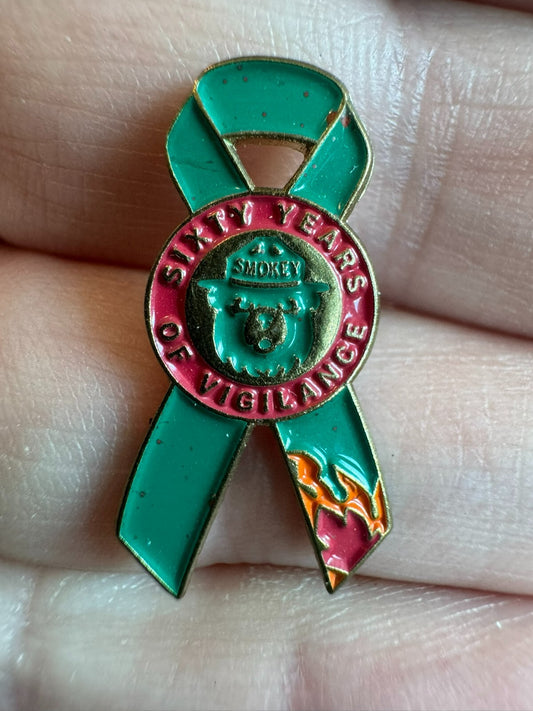 Vintage Smokey The Bear Green Ribbon Sixty Years of Vigilance Lapel Pin