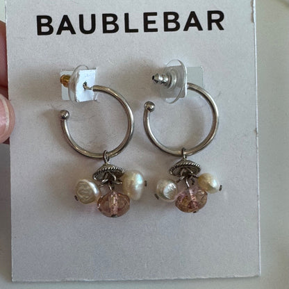 Bauble Bar Silver Hoop Earrings With Pearl Dangle Charms New On Card Pierced