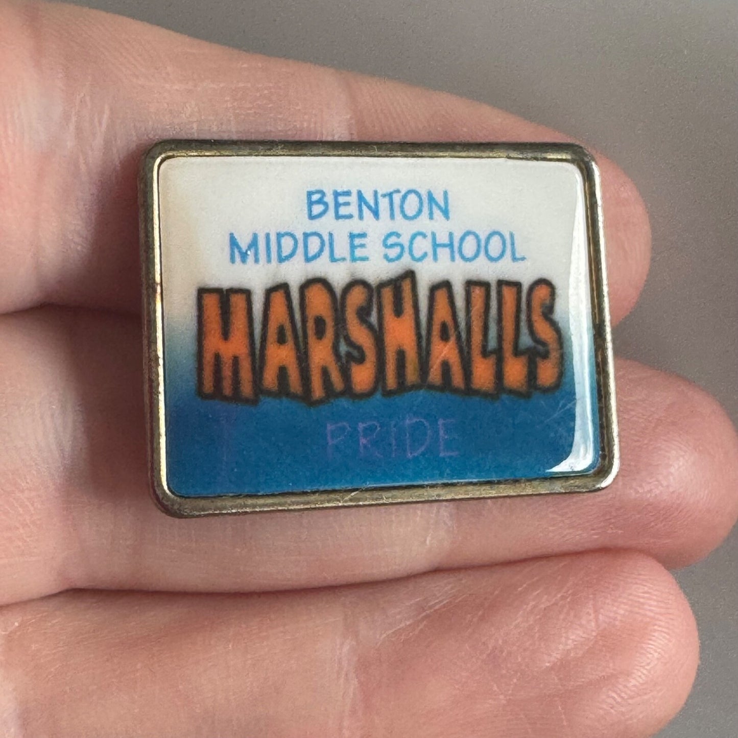 Benton Middle School Marshalls Pride Pin – Orange Text on Blue Background