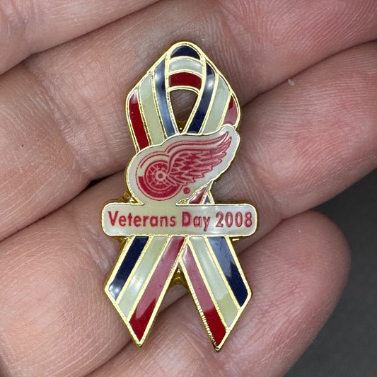 Detroit Red Wings Veterans Day 2008 Red White Blue Ribbon Lapel Pin