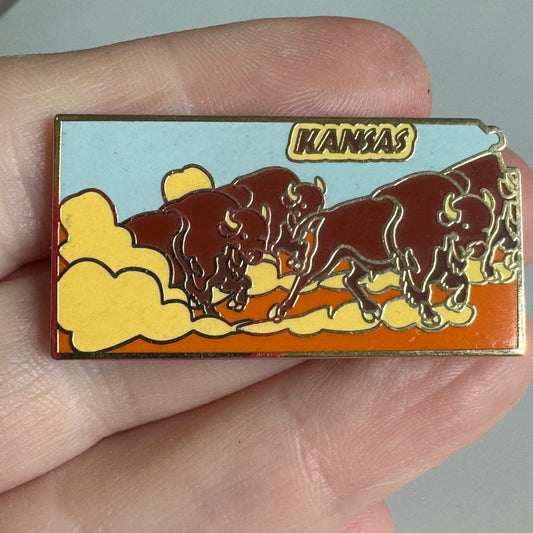 Kansas Souvenir Pin – Running Bison Stampede State Outline